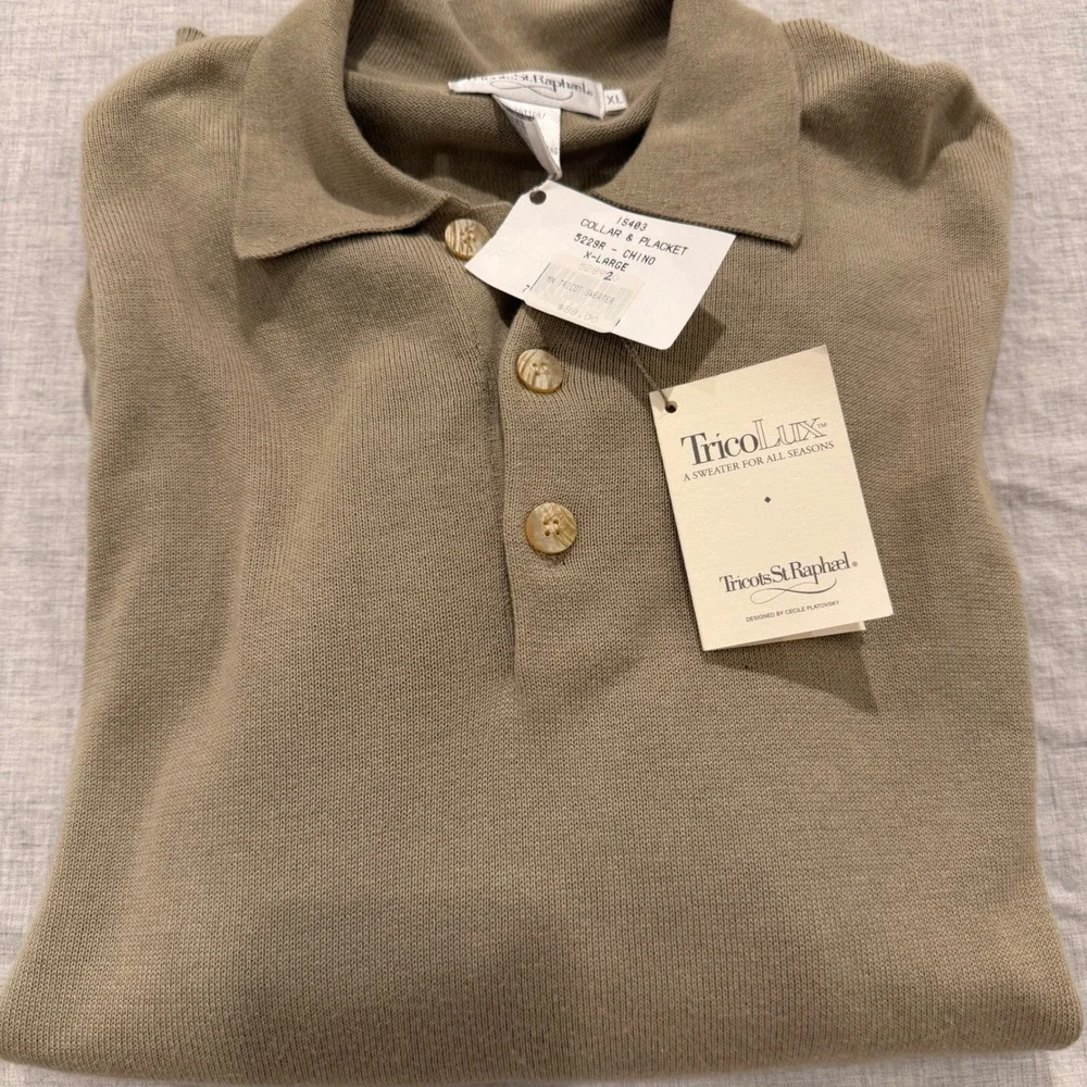 Vintage NWT Tricots St Raphael TricoLux Polo Sweater XL Tan Khaki 100% Cotton